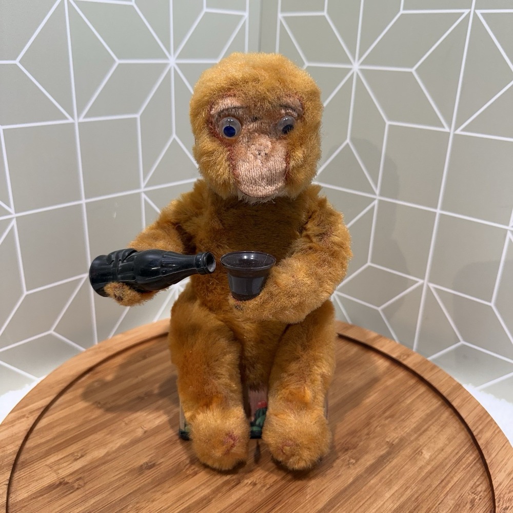 Vintage Battery Monkey Drinking ALPS Trademark Litho Tin Toy , Japan